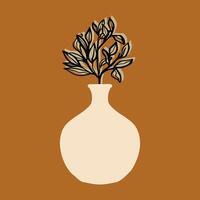 A linear graphic branch with leaves in a simple vase.Botanical illustration in retro style.Decor element isolated on a background. vector