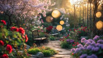 Blossoms and pathways create a tranquil garden at sunset filled with vibrant flowers and inviting seating photo