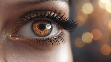 Close-up of a human eye showing intricate details and golden hues illuminated by soft background lights photo