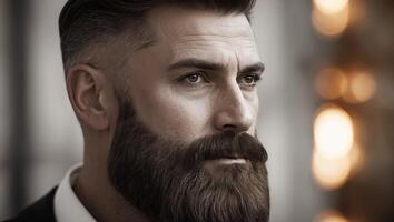 Close-up of a well-groomed man with a stylish beard and intense expression in an elegant setting during a soft evening light photo