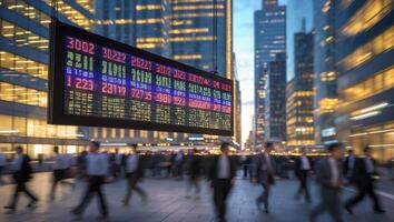 Financial district bustling with professionals and digital stock ticker displaying market data in urban setting during twilight photo