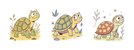 Set of cute cartoon turtle with different expressions vector