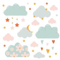 Set of light spring clouds with flowers, hearts and stars in the sky vector
