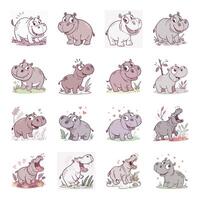 Set of cute hippopotamus with different expressions vector