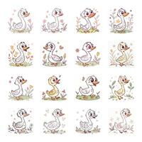 Set of cute cartoon duck with different expressions vector