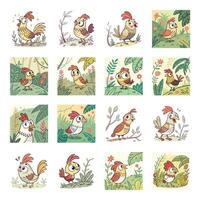Set of cute cartoon chicken with different expressions vector