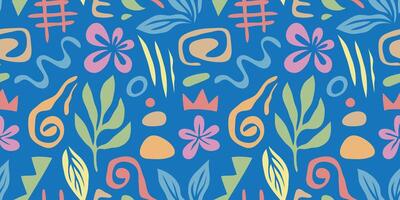 Set of trendy doodles and abstract nature icons on isolated blue background. Large summer collection, unusual organic shapes in freehand Matisse art style. vector