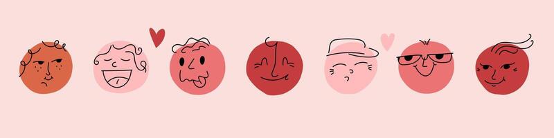 Round Abstract Comic Faces with Different Emotions. Various colorful characters. Cartoon style. Flat design. Set of emoticons. vector