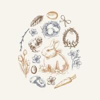 Easter elements grouped in egg shape with rabbit, chick, bow, willow, feathers, eggs, wreath, flowers, and carrot vector