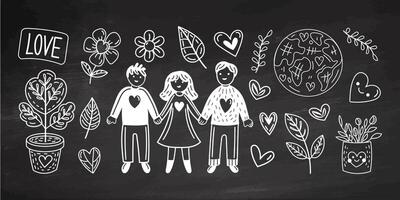 Eco-friendly doodle outline set with hearts, plants, earth and cute diverse people with heartwarming connection on chalkboard background vector