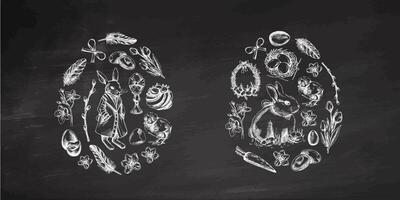 Vintage Easter elements in egg shape with bunny, chick, egg, bow, willow, and feathers on chalkboard background vector