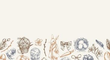 Easter decorative border with rabbit, chick, eggs, bow, willow, and feathers in vintage pastel style vector