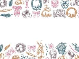 Easter festive border with rabbit, chick, eggs, bow, willow, wreath, feathers, and decorations vector