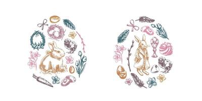 Easter vintage elements arranged in egg shape with bunny, chick, egg, bow, willow, and feathers vector