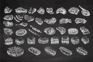 Set of hand-drawn monochrome sketches of different types of meat, steaks, chicken, kebabs, bacon, tenderloin, pork, beef, ham, barbecue, burgers, sandwiches on chalkboard background. vector