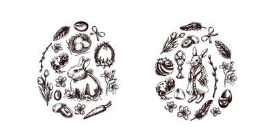 Vintage Easter elements in egg shape with bunny, chick, egg, bow, willow, and feathers vector