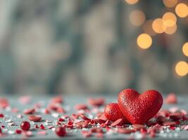 Two red hearts on a table with a blurry background photo