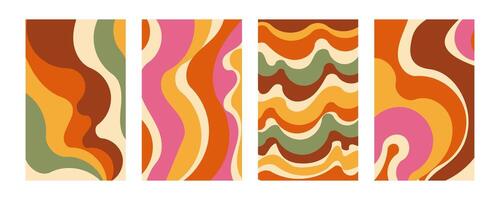 Groovy retro wave stripe set. Hand drawn groovy, hippie backgrounds. Distorted vertical stripes, warped streaks, fluid liquid wavy lines, doodle waves. Striped rectangle templates collection. vector