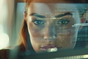A woman looking at a computer screen with a computer code on it photo