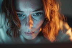 A woman looking at the camera while using a laptop photo