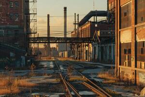 An abandoned factory with railroad tracks and a building photo