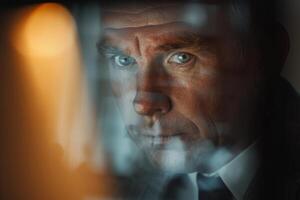 A man looking through a window at a computer screen photo