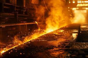 A factory with steel being poured into a pipe photo