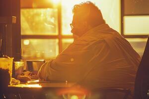 A man sitting at a desk with a laptop photo