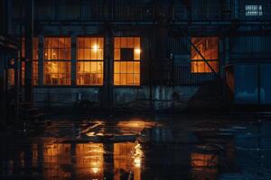 An empty warehouse at night with lights on photo
