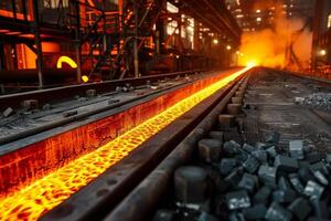 A steel train is moving through a factory with a lot of steel photo