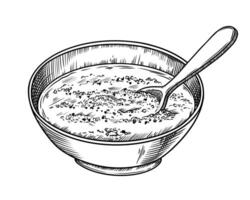 Chimichurri sauce in the bowl. Food illustration in the graphic line art style. Hand drawn outline element of preparing meal. Perfect for Argentinian menu creating and drawing designs. vector