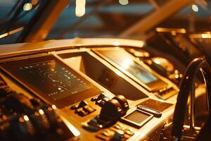 A dashboard on a boat with a screen photo