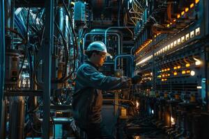A man in a hard hat working on a large machine photo