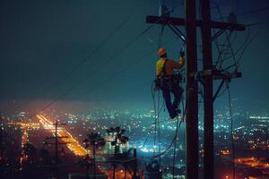 A man on a power pole at night photo