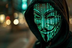 Anonymous hacker wearing a mask with binary code photo