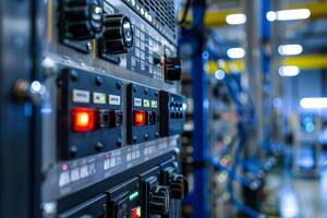 A close up of a control panel in a factory photo