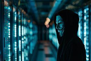 Anonymous hacker in a dark room with servers photo