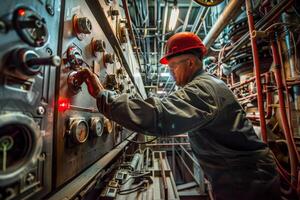 A man in a hard hat and safety glasses is working on a control panel photo