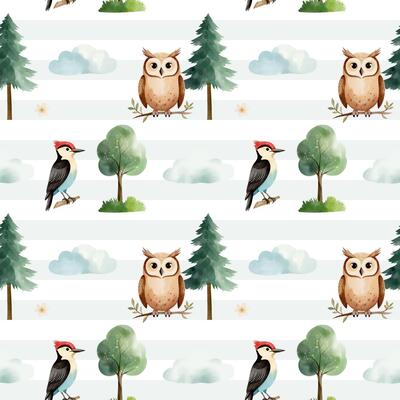 Seamless pattern with cute watercolor woodpecker, owl and pine. Forest wildlife backgrounds. Watercolor woodland