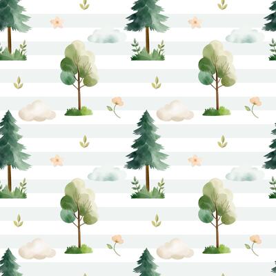 Seamless pattern with watercolor trees and plants. Watercolor fairy woodland. Hand drawn forest background.