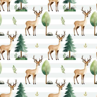 Cute seamless pattern with watercolor reindeer and pine. Forest wildlife backgrounds. Watercolor woodland