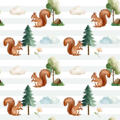 Seamless pattern with cute watercolor squirrel, pine and clouds. Forest wildlife backgrounds. Watercolor woodland