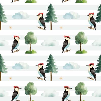 Seamless pattern with cute watercolor woodpecker, pine and clouds. Forest wildlife backgrounds. Watercolor woodland