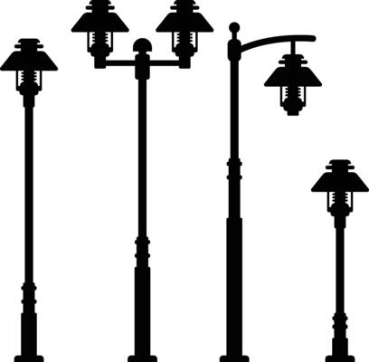 Four street lights are shown in a row, all of which are black