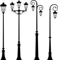 Four street lights are shown in a row, all of which are black. The lights are all different heights and are positioned at various angles. Scene is one of darkness and mystery vector