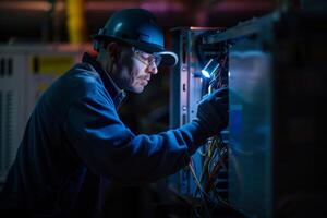 A man in a hard hat and safety glasses working on a computer photo
