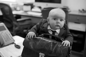 A baby in a suit and tie sitting on top of a briefcase photo
