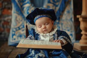 A baby in a blue robe and hat reading a book photo