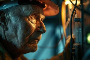 An older man in a hard hat looking at a computer photo