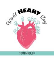 World heart day with red heart and floral abstract design. vector